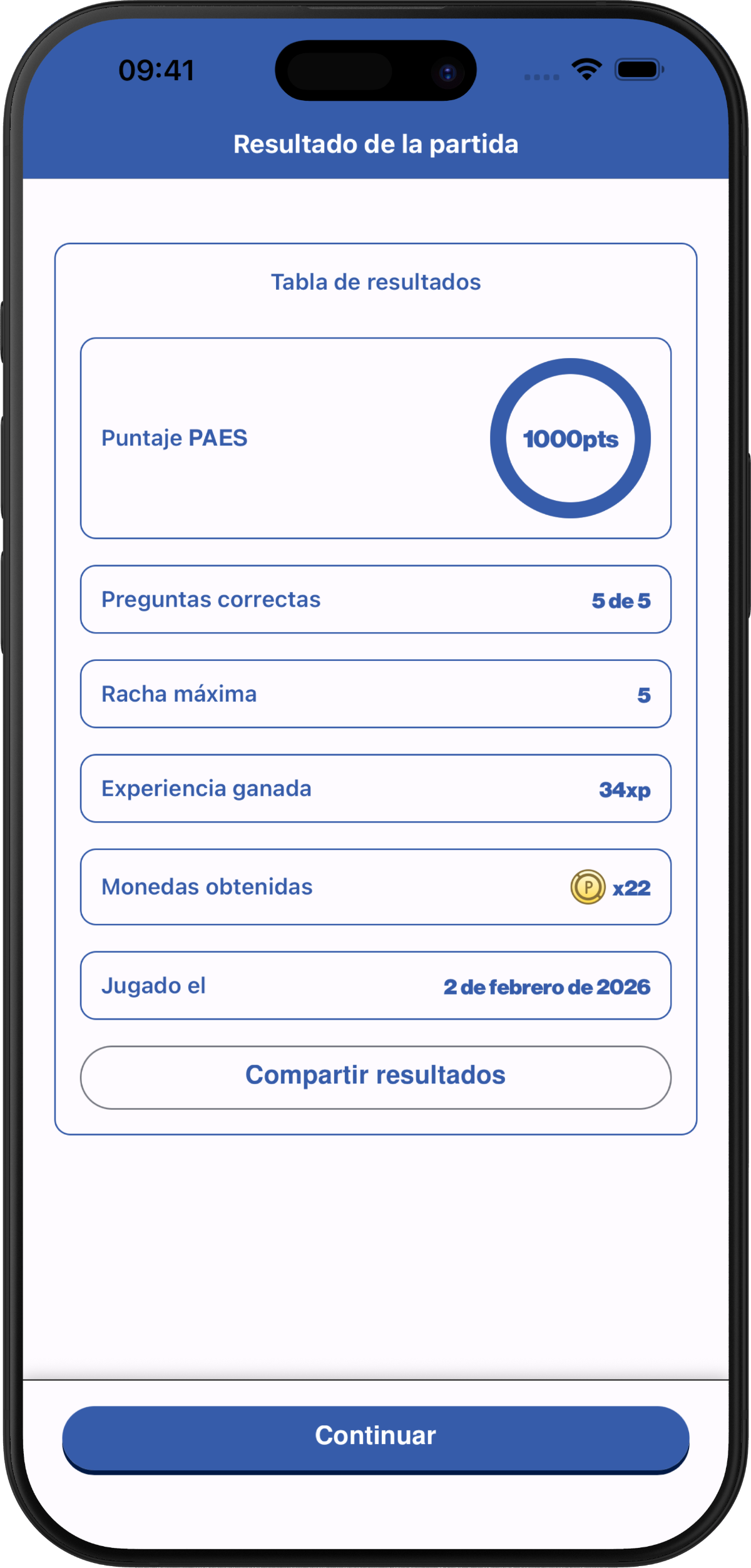 Pantalla de resultados de ronda en PreuApp mostrando puntaje y desempeño obtenido
